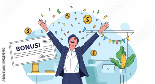 Businessman celebrating bonus with money.