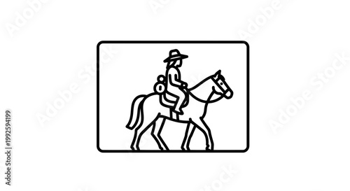 Line Art Icon of a Cowboy Riding a Horse with a Backpack