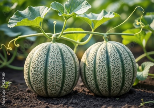 Two fresh organic casaba melons growing on vine in garden sunlight