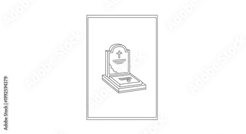 Gravestone with cross and flowers, line art, cemetery symbol, funeral monument