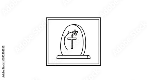 Gravestone with cross and flower, religious symbol, funeral, memorial, remembrance, outline icon