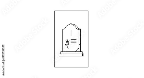 Gravestone with cross and flower illustration, simple line art, memorial, cemetery symbol