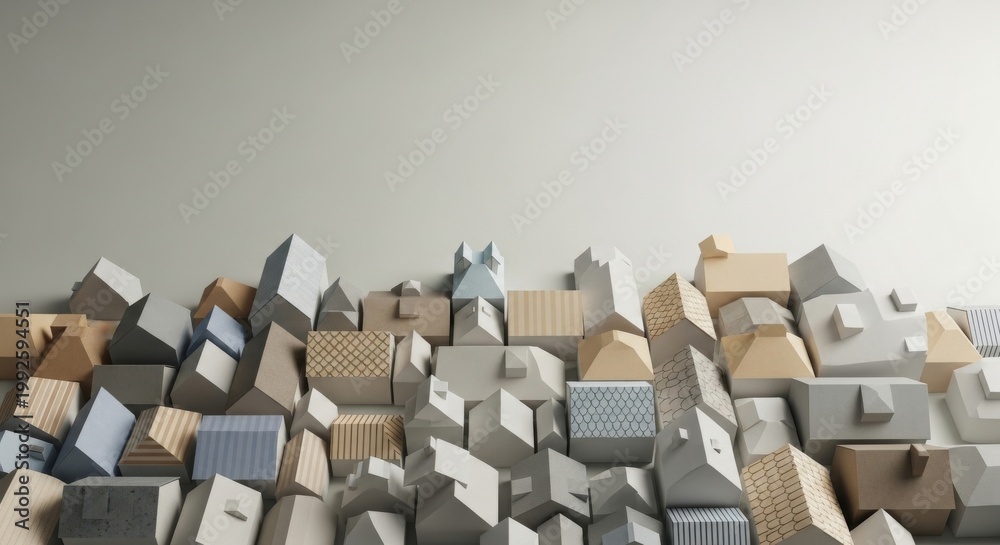 Fototapeta premium Abstract geometric houses arranged in a dense, layered composition against a plain background.