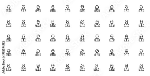 Business Avatars icon set. Vector profile portraits collection. Includes businessman, businesswoman, professional, corporate, team, and people icons. Editable stroke.