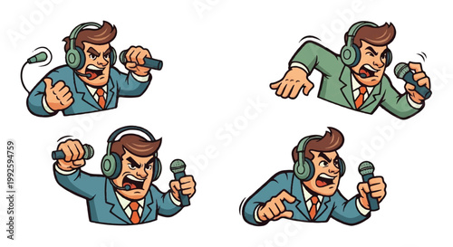 Cartoon announcer expressions set on white