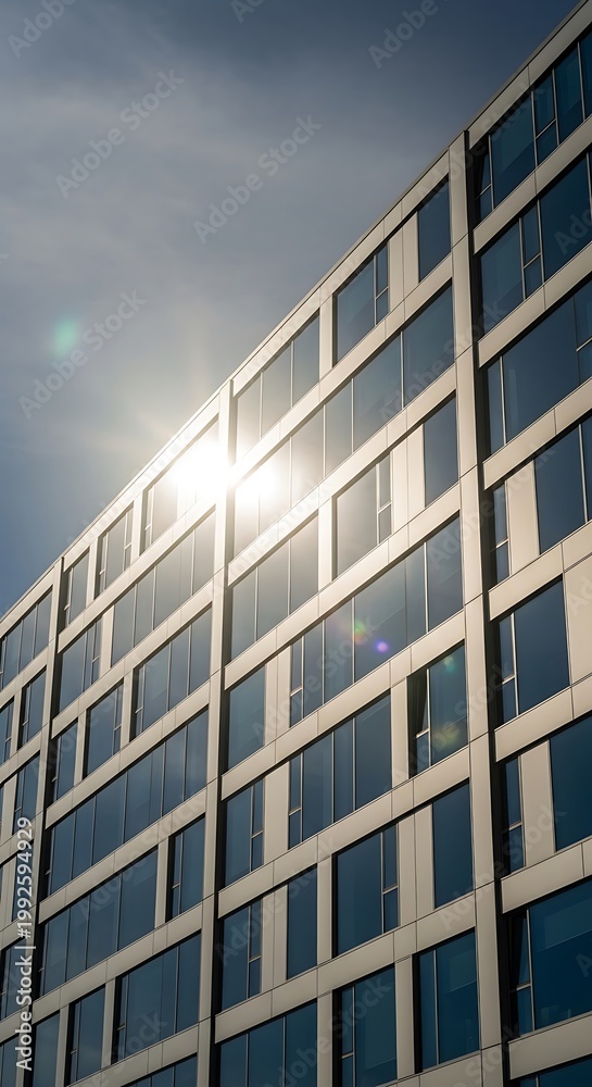 Obraz premium Modern office building with sun reflection on windows corporate architecture under blue sky