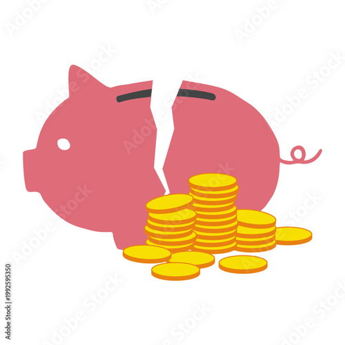 Take money out of a piggy bank　割れた豚の貯金箱と積み上がったコインのイラスト　貯蓄達成のイメージ