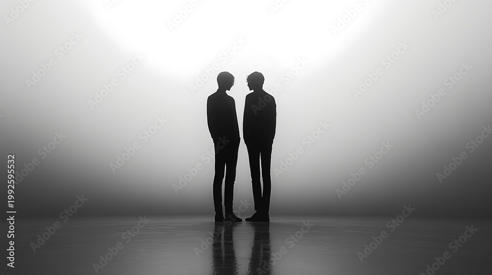 Fototapeta premium Minimalist surreal photography of two human silhouettes facing each other in a misty void.