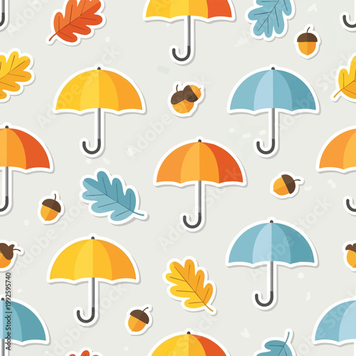 Autumn Season Umbrellas Leaves Acorns Seamless Pattern Background