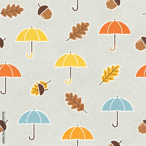 Autumn Season Umbrellas Leaves Acorns Seamless Pattern Background