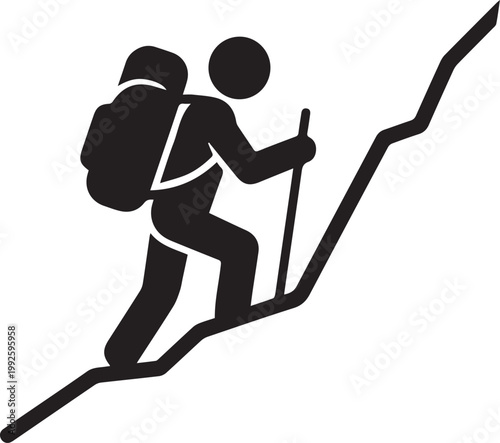 Mountaineer Hiking Up Mountain Slope Silhouette Vector Icon