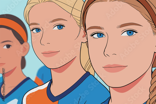 Girls in sports uniforms stand together before a game in a bright and colorful setting, showing teamwork and unity