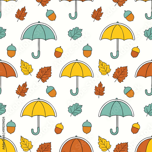Autumn Season Pattern with Umbrellas Leaves and Acorns