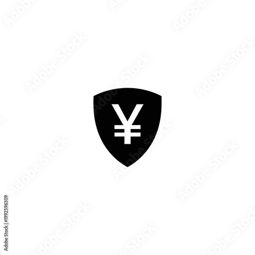 A black shield with a white yen symbol on a plain white background Yuan Curency