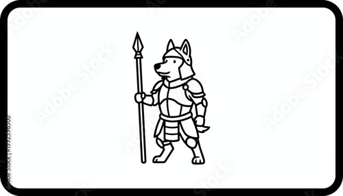 Cartoon Dog Knight Warrior with Spear, Medieval Armor, Fantasy Character, Line Art