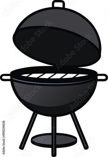 Open Kettle BBQ Grill Vector Illustration, Classic Black Charcoal Cooker