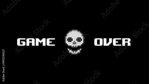 8-bit pixel art white game over text and skull face. looped animation 4k 30fps