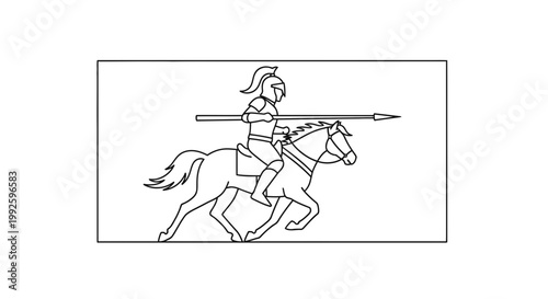 Ancient Warrior Knight on Horseback with Spear, Medieval Cavalry Illustration
