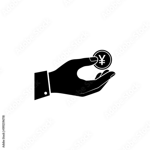 A hand holding a yen coin in a simple black and white illustration Yuan Curency