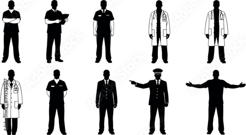 Professional male workers vector silhouette collection showing doctors, businessmen, and service staff characters isolated on white background for commercial design.