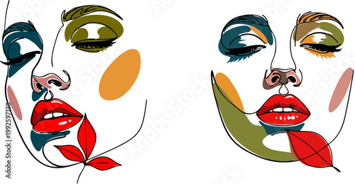PrintMinimalist line art portraits featuring abstract female faces with stylized red lips and vibrant autumn leaves illustrating beauty and artistic elegance in a contemporary continuous contour drawi