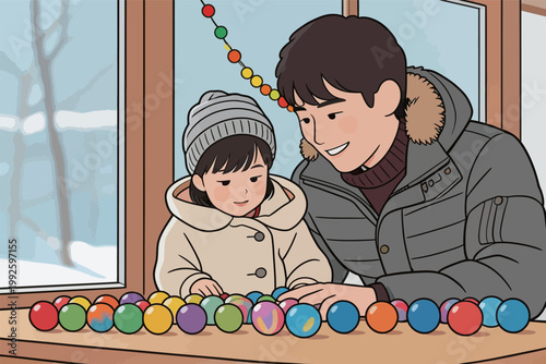 Father and child play with colorful balls indoors during winter in a cozy room with sunlight