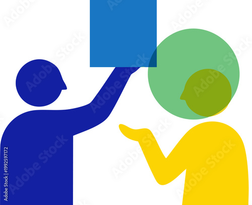 PrintTwo abstract, colorful human figures engage in a conceptual exchange, with one offering a blue square and the other contemplating a green circular idea, symbolizing communication, partnership, or