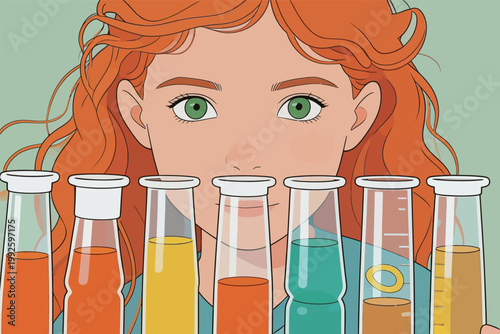 Young girl conducts science experiment with colorful liquids in test tubes at a lab during daytime