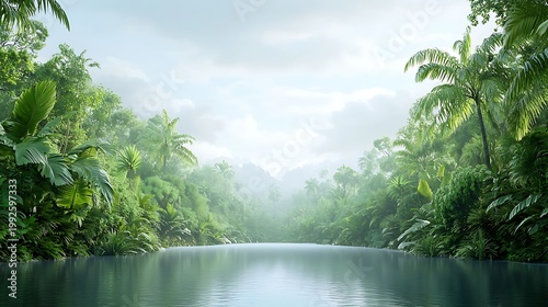 Serene Tropical River Surrounded by Lush Greenery and Misty Jungle Landscape in Nature