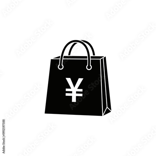 A black shopping bag with a white yen symbol on a plain white background Yuan Curency