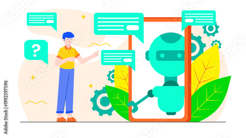 A young man in a yellow shirt interacting with a giant robot on a smartphone screen representing AI customer service