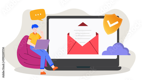 Flat design illustration depicting employee monitoring software with security shield and email icons