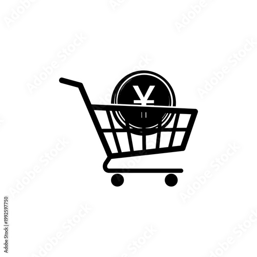 A black and white illustration of a shopping cart with a yen symbol coin inside Yuan Curency