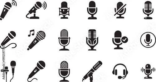 Microphone Icons Set – Karaoke, Podcast and Audio Mic Symbols for Web and Mobile Vector Illustration