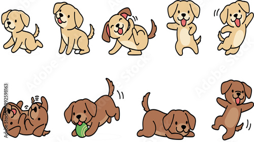 Cute Puppy Actions Vector Set Featuring Playful Dog Poses Running Jumping Rolling and Sitting for Pet Illustration, Kids Design, and Cartoon Character Graphics