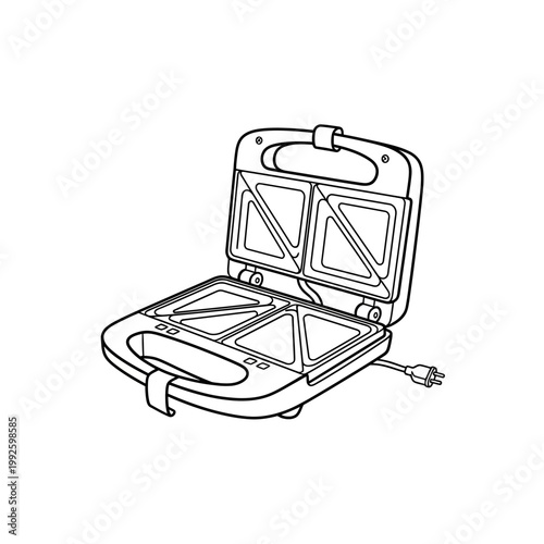 Open sandwich maker with cord and plug, simple line drawing
