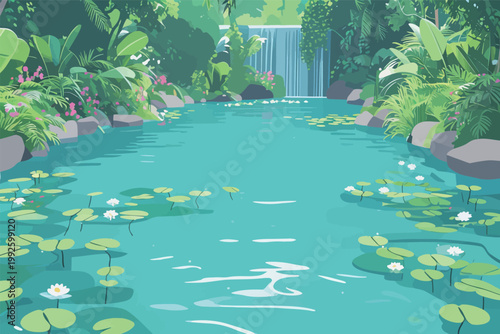 Lily pads float on water in a green area with a waterfall and plants surrounding the scene