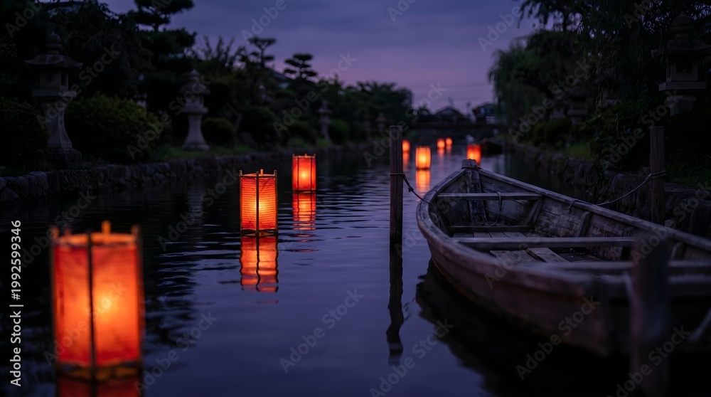 Obraz premium Traditional Japanese lantern festival with floating paper lanterns on river and wooden boat at dusk, Obon festival concept 