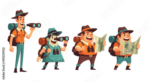Cartoon travelers with binoculars and maps for adventure and exploration