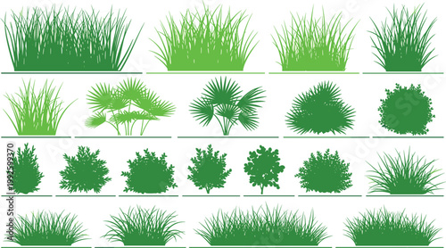 Green Grass and Bush Vector Set Featuring Lawn Plants Shrubs and Foliage Elements for Landscape Design, Garden Illustration, Nature Graphics, and Decorative Backgrounds