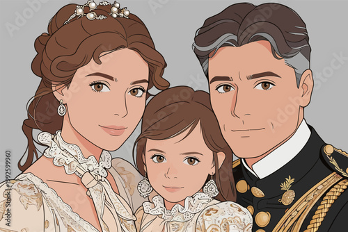 Family portrait of a woman, girl, and man in formal clothing, showcasing their close relationship and shared moment during an unknown event