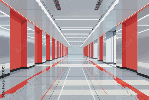 Modern hallway in an indoor space with bright red columns and reflective floors during the day