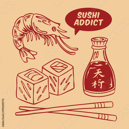 Sushi doodle handdrawn with color red
