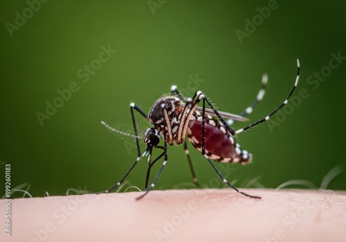 Close-up of mosquito on skin at dusk with shallow depth of field