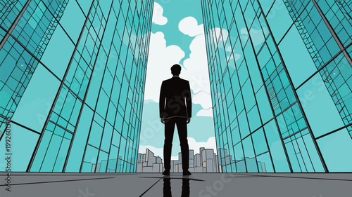 Businessman stands between tall buildings under a blue sky with clouds in an urban setting during the day