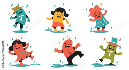 Cartoon characters dancing in the rain illustration