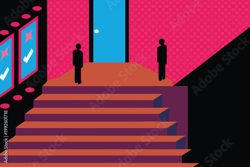 Two silhouetted businessmen standing on stairs towards a bright blue door