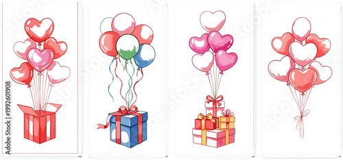 Romantic Valentine Heart Balloon and Gift Box Set with Pink Teal Ribbon Bow for Love Celebration Party Design