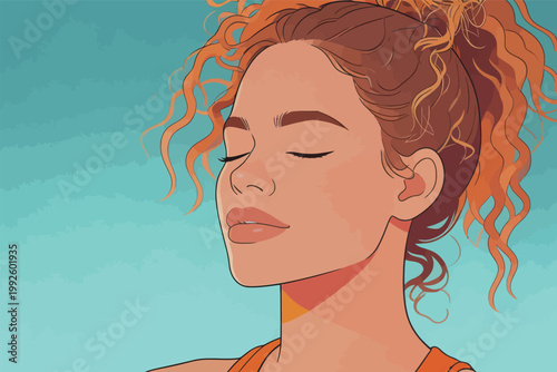 Woman with curly hair enjoys a moment of relaxation on a sunny day while standing outdoors with closed eyes under a clear blue sky