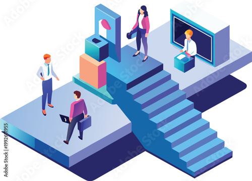 A group of business professionals working together on a project in an office